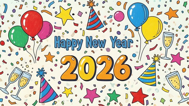Colorful illustration celebrating Happy New Year 2026 with balloons, confetti, party hats, and champagne glasses. - Powered by Adobe