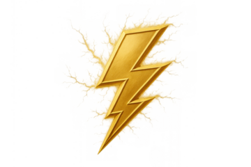 Golden lightning bolt icon symbolizing energy, power, electricity, speed, and emergency. Transparent background allows flexible usage