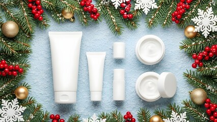 christmas skincare routine featuring white cosmetic bottles and jars adorned with holly berries and snowflakes on a blue frosted background, promoting winter self-care and beauty products