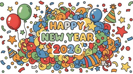 Happy New Year 2026 celebration with balloons, confetti, and party hats.