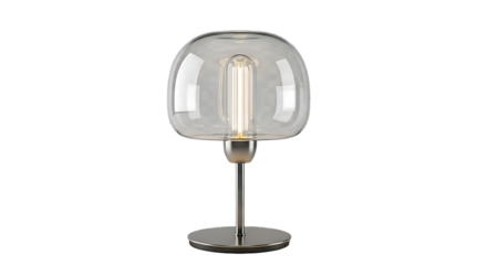 Modern clear glass table lamp with retro filament bulb on a sleek metal stand