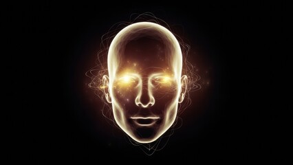 Glowing abstract face on dark background with energy orbs and light effects