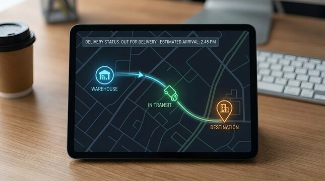 Courier tracking map displayed on a digital screen, showing live route lines, location markers, and delivery status, modern visual for logistics, navigation, and shipment monitoring