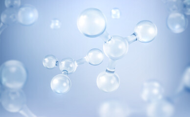 3D glass molecules or atoms on light blue background. Concept of biochemical, pharmaceutical, beauty, medical. Science or medical background. Vector 3d illustration