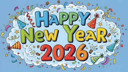 Happy New Year 2026 greeting card with party hats and confetti.