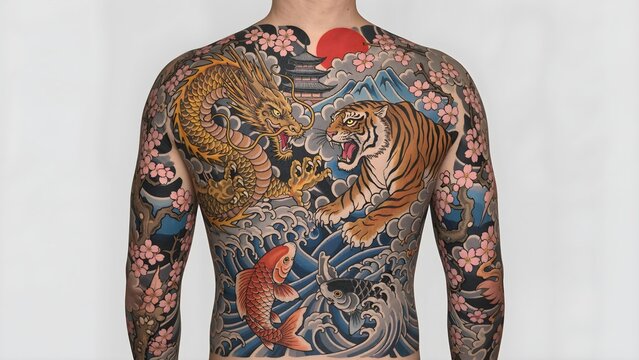 Epic Japanese Tattoo Landscape of Mythical Strength