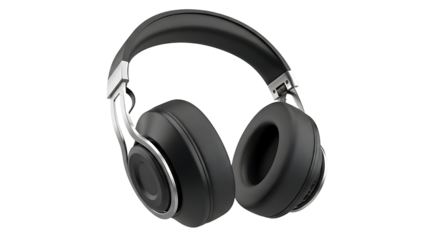 Modern black over ear headphones with silver accents isolated on a black background