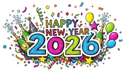 Vibrant Happy New Year 2026 celebration banner with confetti, champagne, balloons, and party hats.