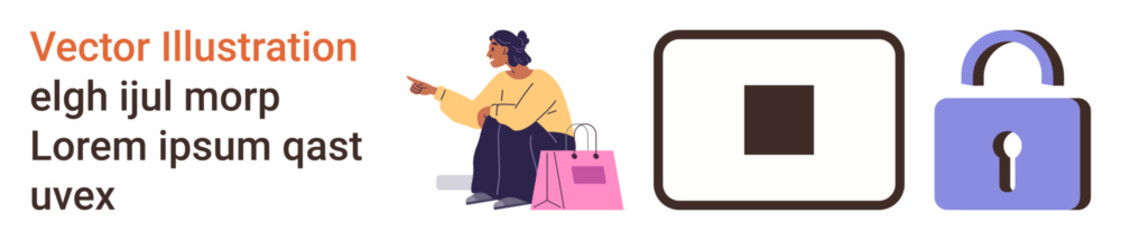 Fototapeta premium E-commerce, online security, purchase protection, digital payment safety, consumer privacy, retail. Woman shopping, square icon padlock. E-commerce and online security concept