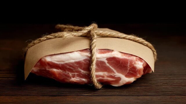 Fresh cut pork wrapped in brown paper and tied with rope on wooden surface
