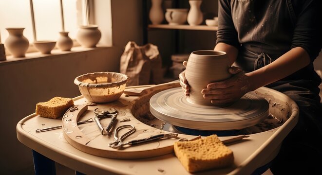 A craftsman shaping pottery on a potter's wheel