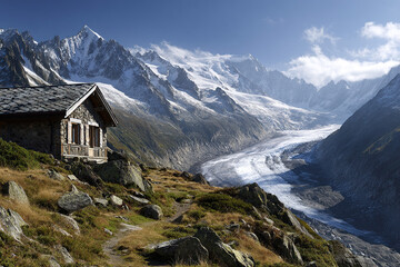 Mountain cabin with stunning glacier and snow-capped peaks in the background