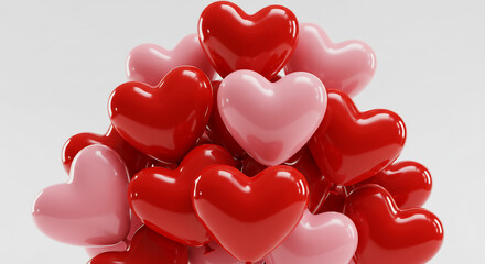 Vibrant glossy red and pink hearts stack high creating a delightful playful romantic visual. AI Generated