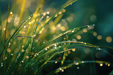 Close-up of dewdrops on green grass in the morning light