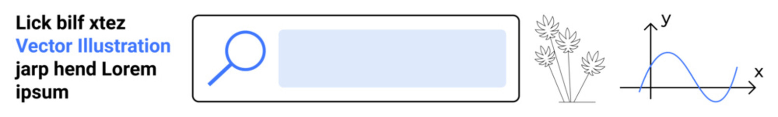 Fototapeta premium Data visualization, search tools, online research, educational concepts, information processing, user interface. Search bar and magnifying glass with plants and graph. Data visualization and search