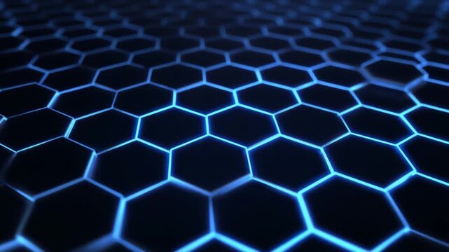 Digital Hexagons: A mesmerizing abstract visual of interconnected hexagonal cells bathed in an electric blue glow, symbolizing advanced digital networks and technological innovation. 