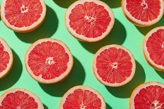 Sliced red grapefruits arranged on a green background showing fresh fruit