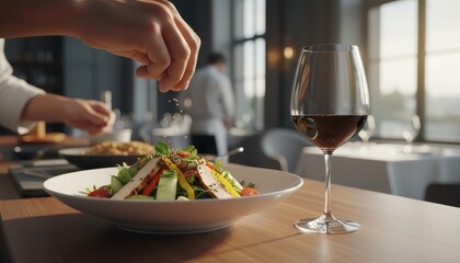 A close-up captures a skilled chef delicately garnishing a fresh salad, alongside a glass of red wine, embodying culinary art and the ambiance of fine dining.