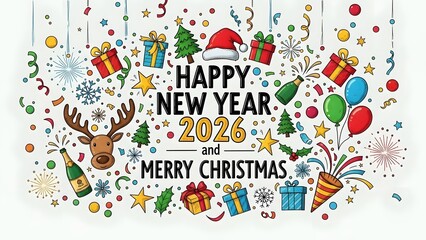 Festive doodle illustration celebrating Happy New Year 2026 and Merry Christmas with holiday icons.