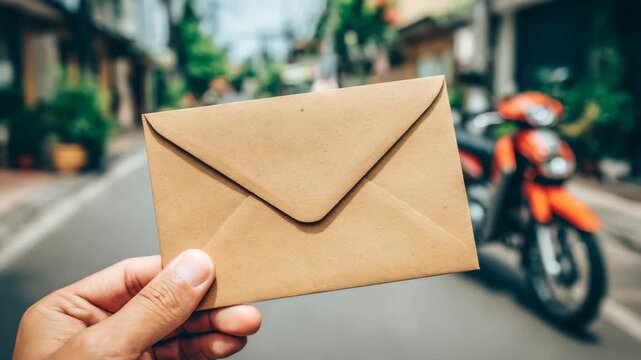 Hand holding a brown envelope on a quiet street with a motorcycle in the background during a sunny day