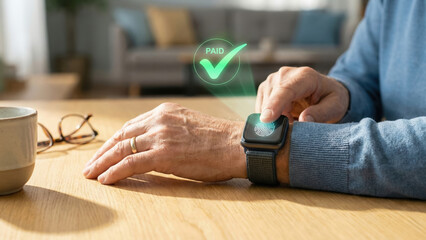 Contactless payment silver economy wealth transfer concept with elderly person using smartwatch for secure transaction
