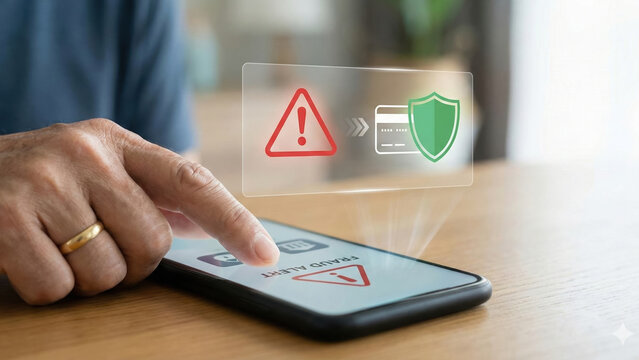 Fraud alert on smartphone screen warns of financial risk while silver wealth transfer aims to protect economy with secure digital shield