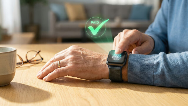 Contactless payment silver economy wealth transfer concept with elderly person using smartwatch for secure transaction