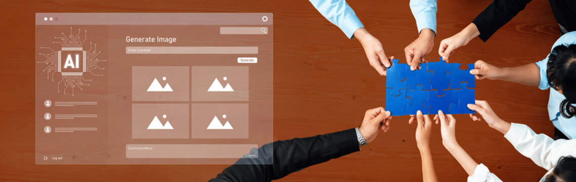 A group of diverse professionals collaborates in a modern workspace, utilizing AI technology for image generation on a digital screen, showcasing teamwork and creativity. Trope