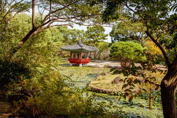 Yeomiji Botanical Garden, Serene view of a traditional Korean pavilion surrounded by lush greenery on Jeju Island, offering a peaceful retreat in nature