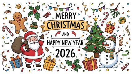Festive Christmas and New Year illustration featuring Santa Claus, snowman, gifts, and decorations.