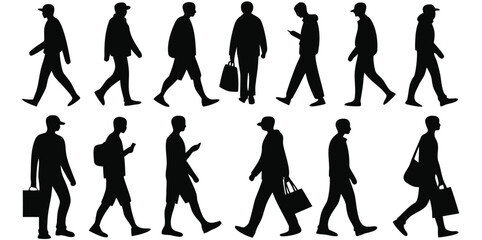 business people walking Silhouettes, men and women full length front, side, back view. Vector art of a collection of walking man silhouettes in various poses and with different accessories
