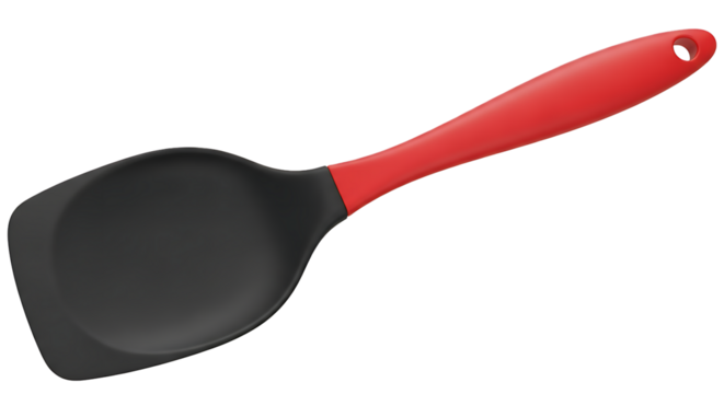 Modern red and black silicone spatula kitchen utensil isolated on black background