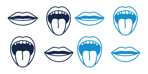 Mouth icons show lips and tongue in shades of blue, perfect for graphic design or branding.Lips icon on white and black background in different styles.Lips icon isolated on white background.  © Robin