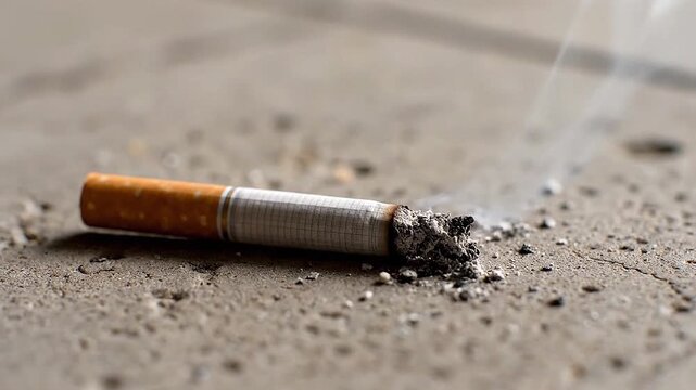 Single cigarette resting on concrete floor with soft wind blowing faint ashes away