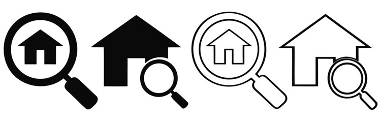 MFind your dream home with this modern house search icon set.magnifying glass icons show graphs and charts representing data analysis market research and business intelligence activities,
