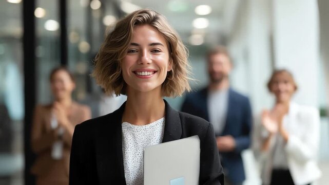 Businesswoman's Confident Stroll: A confident businesswoman leads her team, striding through a modern office, exuding professionalism and leadership with a warm smile.