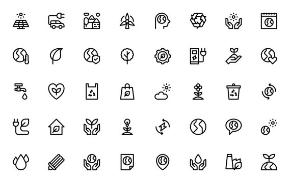 World Environment Day icon set. Eco-friendly vector llustrations. Includes symols for solar panel, electic car, recycling, earth, ind energy, ecology and moe. Editable stroke.