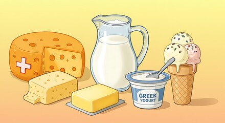 Assortment of Dairy Products Including Milk, Cheese, Butter, Yogurt, and Ice Cream.