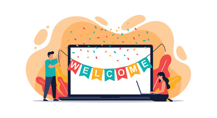 Two people are setting up a colorful welcome banner across a laptop screen for a celebration.