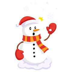 Surprised snowman in winter attire reaching for snowflakes, a fun holiday season illustration perfect for greeting cards and festive designs