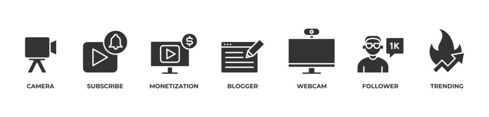 Creator Growth Icons set vector illustration with Camera, Subscribe, Monetization, Blogger, Webcam, Follower, Trending