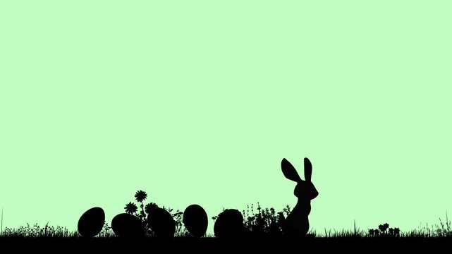 Loop animation of a rolling Easter eggs silhouette chasing a hopping bunny across a garden, isolated on a soft green pastel background. Playful spring scene with cute motion and cheerful holiday vibes