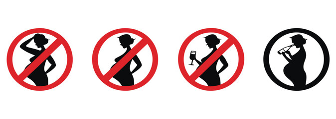 Crucial health warnings for pregnant women featuring prohibition signs for unhealthy activities like drinking alcohol and general health advice
