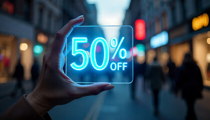 Fototapeta premium Hand holding a neon sign with fifty percent off on a blurred city street background, 4K and HD image