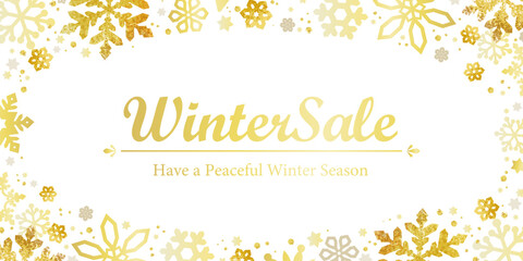ゴールド雪の結晶とWinter Sale文字の冬セールバナーデザイン（冬季プロモーション用）コピースペース カード