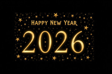Golden letters Happy New Year 2026 with golden stars on a black background. New Year card.