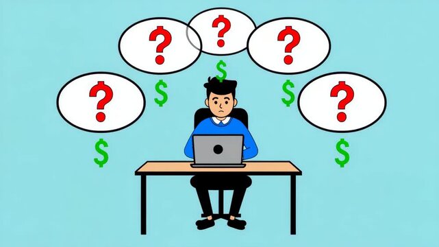 Cartoon Business Man Thinking About Money and Questions at Laptop