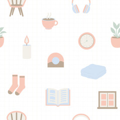 A minimalist, seamless pattern featuring various work and office supplies, such as laptops, phones, and coffee, in soft, nude, and brown tones.