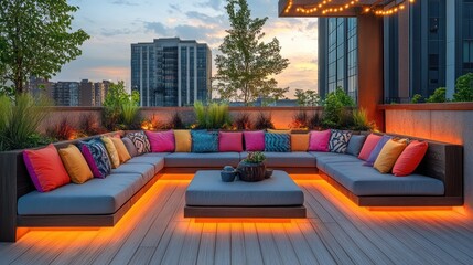 Obraz premium A modern rooftop patio with a large sectional sofa, colorful pillows, and ambient lighting.