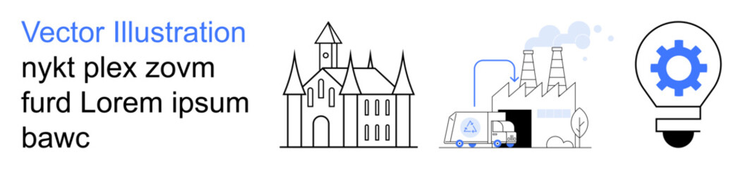 Obraz premium Industrial innovation, architecture, technology, creativity, manufacturing, construction. Line drawings of a historic building, factory and a lightbulb with a gear. Industrial creativity